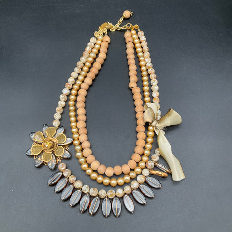 Lenora Dame 3-Strand Statement Necklace Wood Faux Pearl Floral Flower Bow