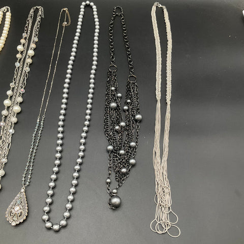 Fashion Jewelry Necklace Lot 6 Faux Pearl Multi-Strand Silver Tone Rhinestone