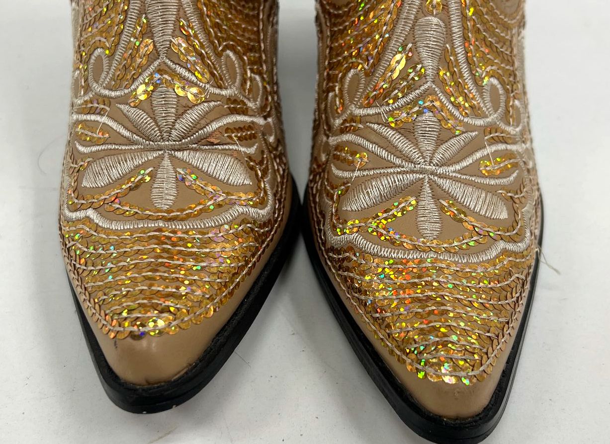 Helen & Heart Gold Tan Sequin Embroidered Western Cowboy Boots Women's Size 7