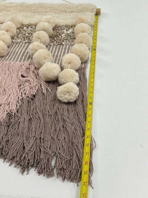 West Elm & Pottery Barn Sequined Beige Pom Pom Wall Hanging Macramé Tapestry