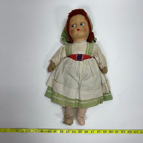 Vintage Cloth Doll 18" Peasant Outfit Mask Face Red Hair Painted Features