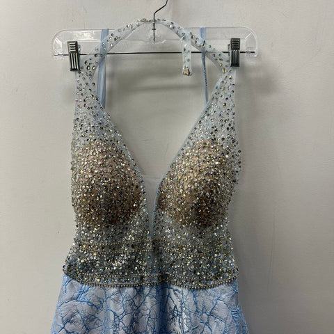 Morilee 43075 Blue Silver Beaded Bodice Halter Prom Gown Dress Women's 16