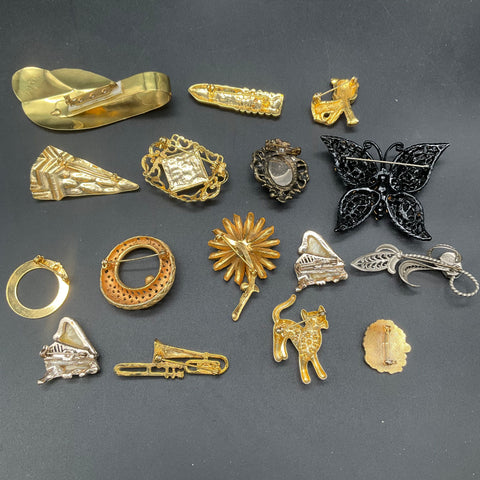 Vintage West Germany Costume Jewelry Lot of 15 Brooches Animals Musical Themes