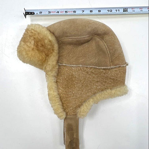 Vintage 90s Tan Suede Trapper Hat Sherpa Faux Fur Lined Earflap Cap