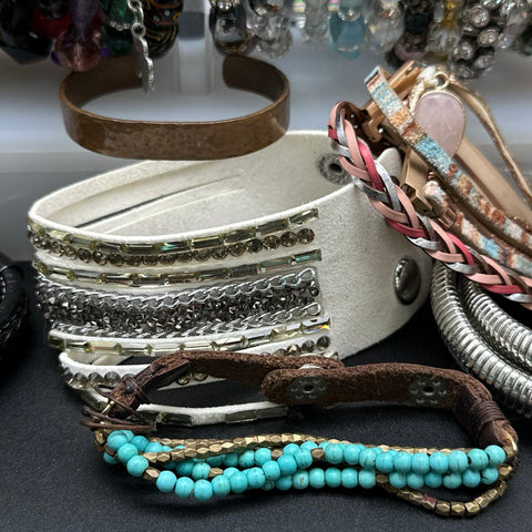 Vintage to Modern Costume Jewelry Lot of 40+ Bracelets Bangles Cuffs Beaded Boho