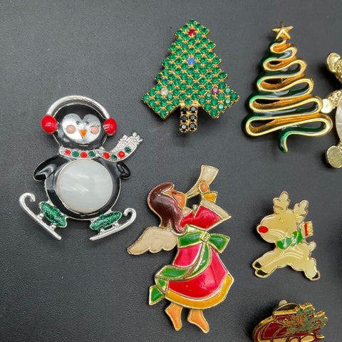 Vintage Christmas Brooches Jewelry Lot of 9 Santa Tree Reindeer Angel Penguin