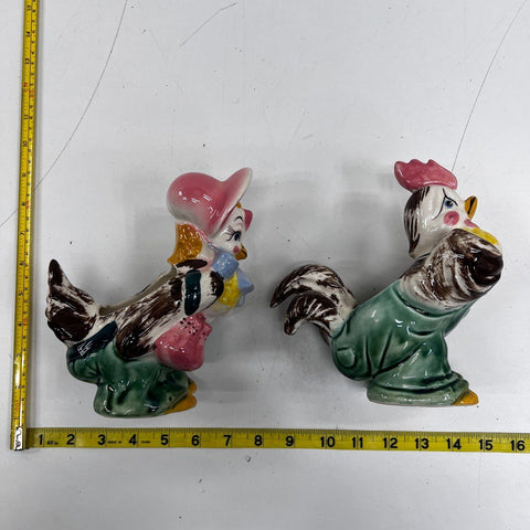 Vintage Ceramic Chicken Planter Pair Rooster Hen Figural Mid Century Style