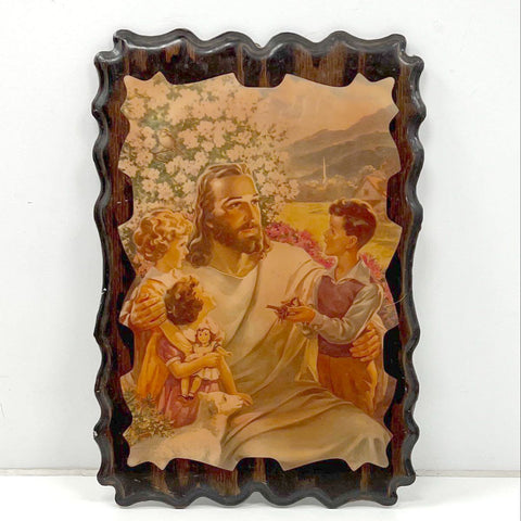 Warner Sallman Wood Plaque Wall Art 1954 Litho Jesus with Children Mid Century