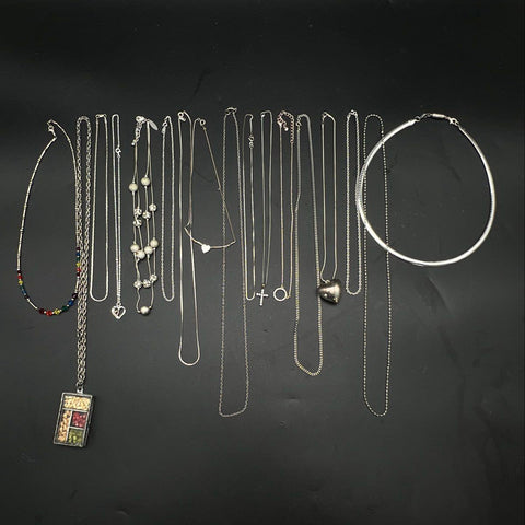 Mixed Costume Jewelry Lot 18 Silver Tone Necklaces Pendants Vintage to Modern
