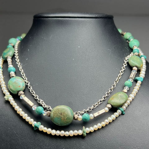 Sterling Silver Turquoise & Pearl Beaded Necklace 44.92g
