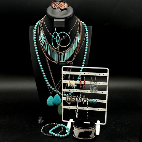 Southwestern Western Costume Jewelry Lot Turquoise Tone Necklaces Earrings 20+