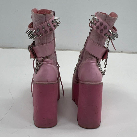 Sugar Thrillz Pink Lace Platform Wedge Combat Boots Spiked Chain Size 7