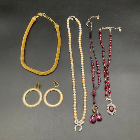 1928 Jewelry Lot 5 Vintage Style Gold Tone Faux Pearl Beaded Necklaces Earrings