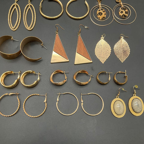 Gold Tone Fashion Earrings Jewelry Lot of 20 Pairs Hoops Drops Geometric