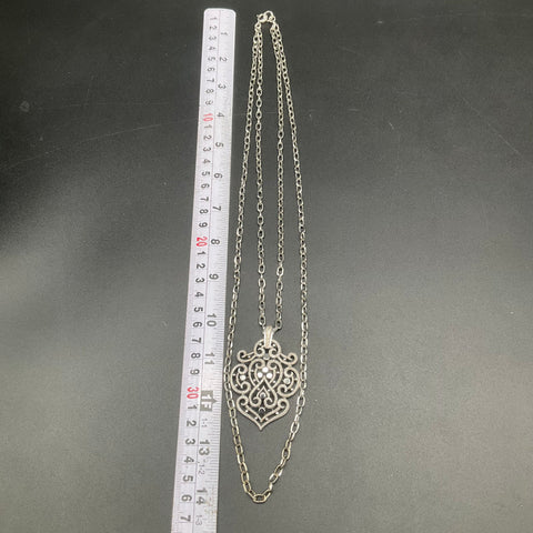 Vintage Crown Trifari Silver Tone Filigree Scroll Rhinestone Pendant Necklace