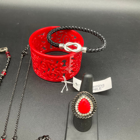 Charming Charlie & Mixed Red Black Costume Jewelry Lot Statement Necklaces Rings