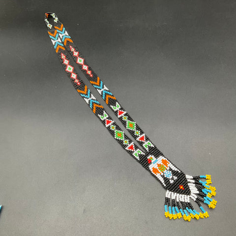 Vintage Native American Style Seed Bead Thunderbird Necklace Beaded Fringe 16"
