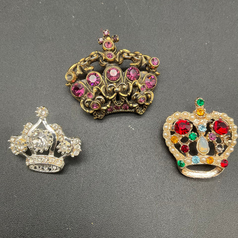 Vintage Crown Brooch Lot of 3 Rhinestone Faux Pearl Gold Silver Tone Costume