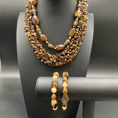 Tiger's Eye Polished Stone Jewelry Lot 4 Pcs Necklaces Bracelets Boho Style