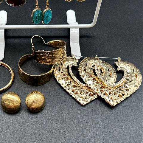 Gold Tone Costume Jewelry Lot 16 Pairs Earrings Hoops Studs Dangles Mixed Style