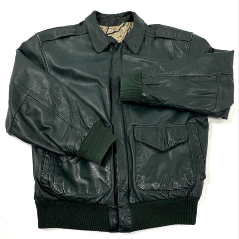 General Clothing Co Men's Green Leather Bomber Jacket Map Lining Sz S