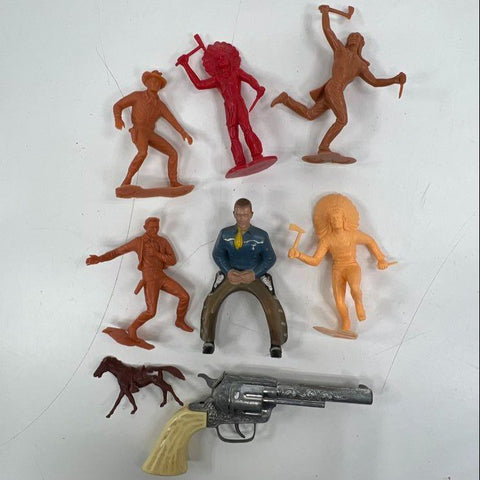 Vintage 60s-80s Marx Tim-Mee Toy Lot Cowboy Indian Figures Pony Boy Cap Gun