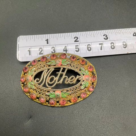 Vintage Mid-Century Gold Tone Pink Rhinestone Mother Brooch Enamel Floral 1.75"