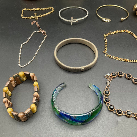 Mixed Costume Jewelry Lot of 24 Bracelets Cuffs Bangles Beaded Religious Fashion
