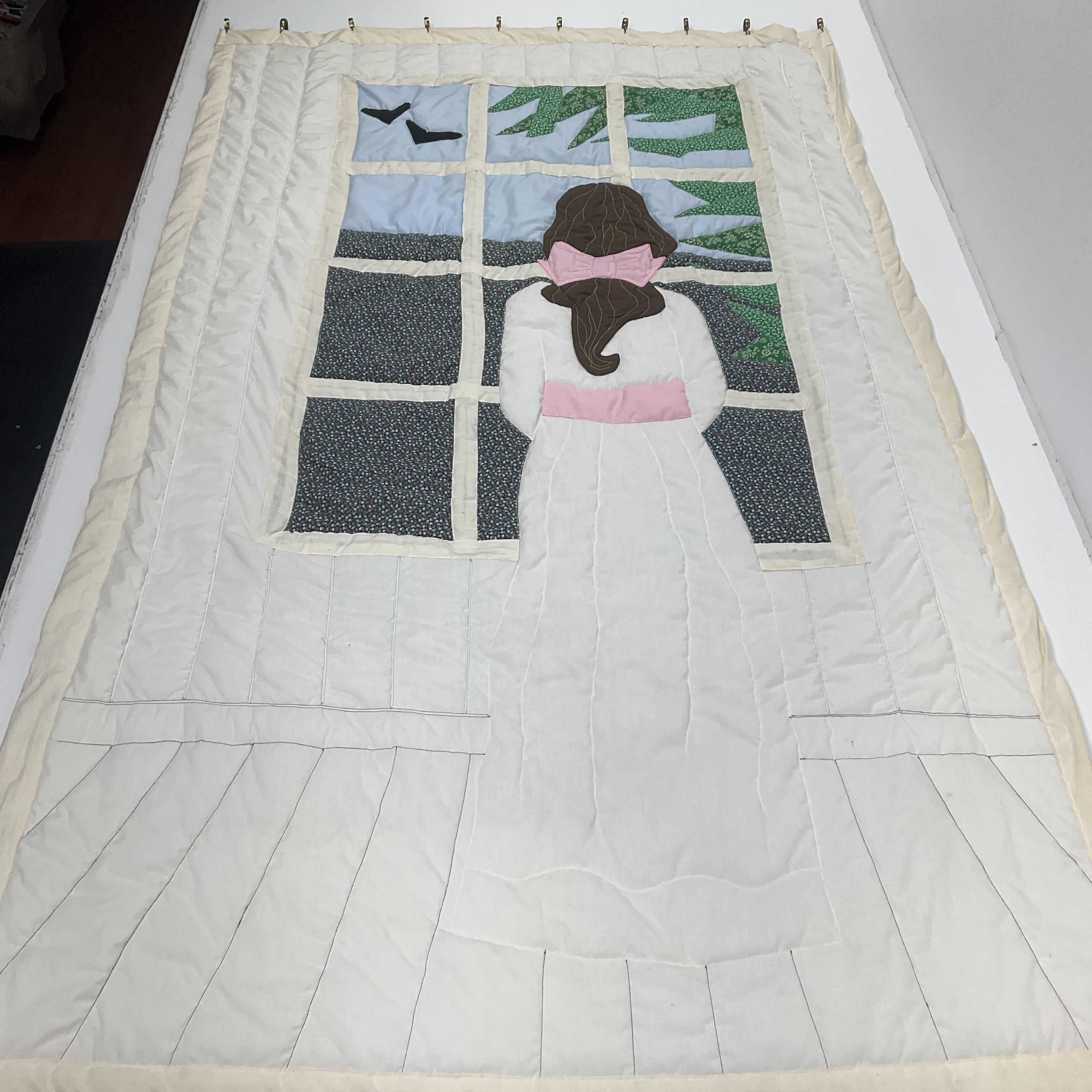 Vintage Hand Made Picture Quilt Girl At Window Applique Textile Art 44x72"