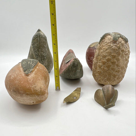 Vintage Terra Cotta Fruit Lot 5 Pieces Brass-Tone Accents Mid Century Style