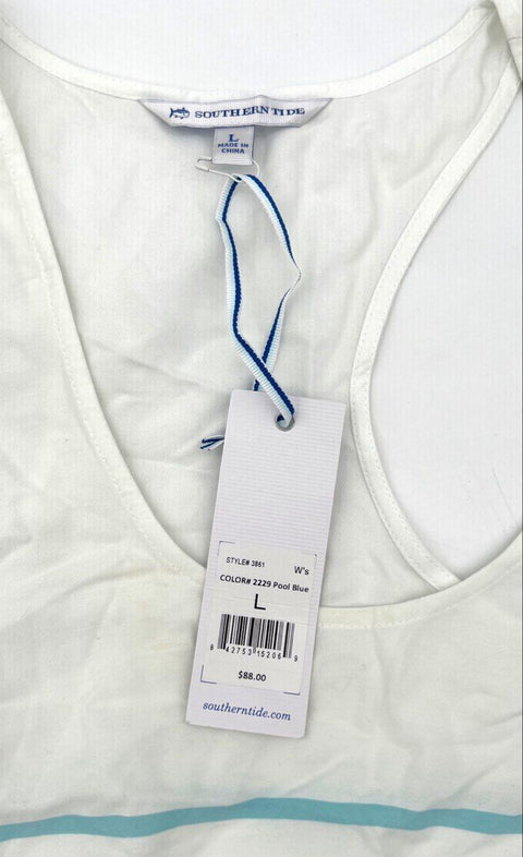 Southern Tide Women's Pool Blue Striped Racerback Tank Top Pocket Sz L NWT