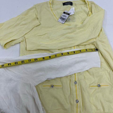 Wanko Women's Cardigan Sweaters Yellow White Lace Back Flower Buttons NWT Sz F