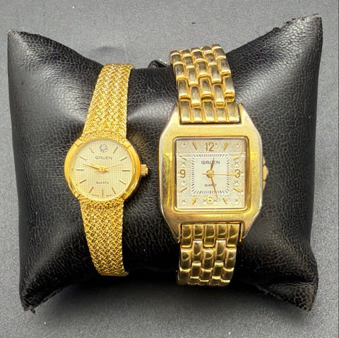 Vintage Gruen Gold Tone Quartz Dress Watch Lot of 2 Mesh & Link Bands