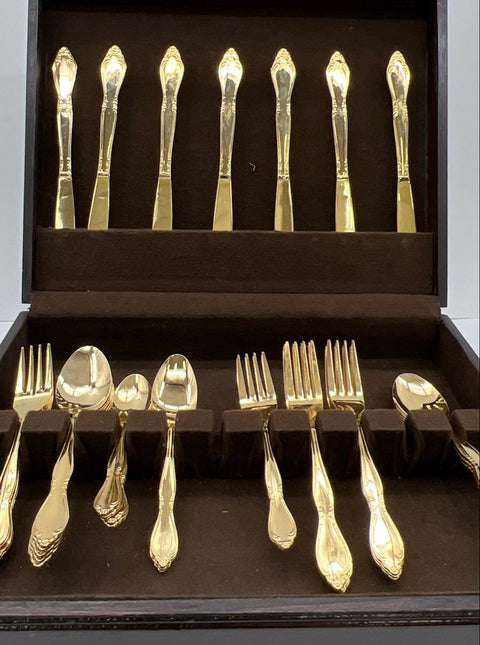 Custom Craft Gold Tone Stainless Flatware 34pc Lot Japan Floral Pattern Vintage