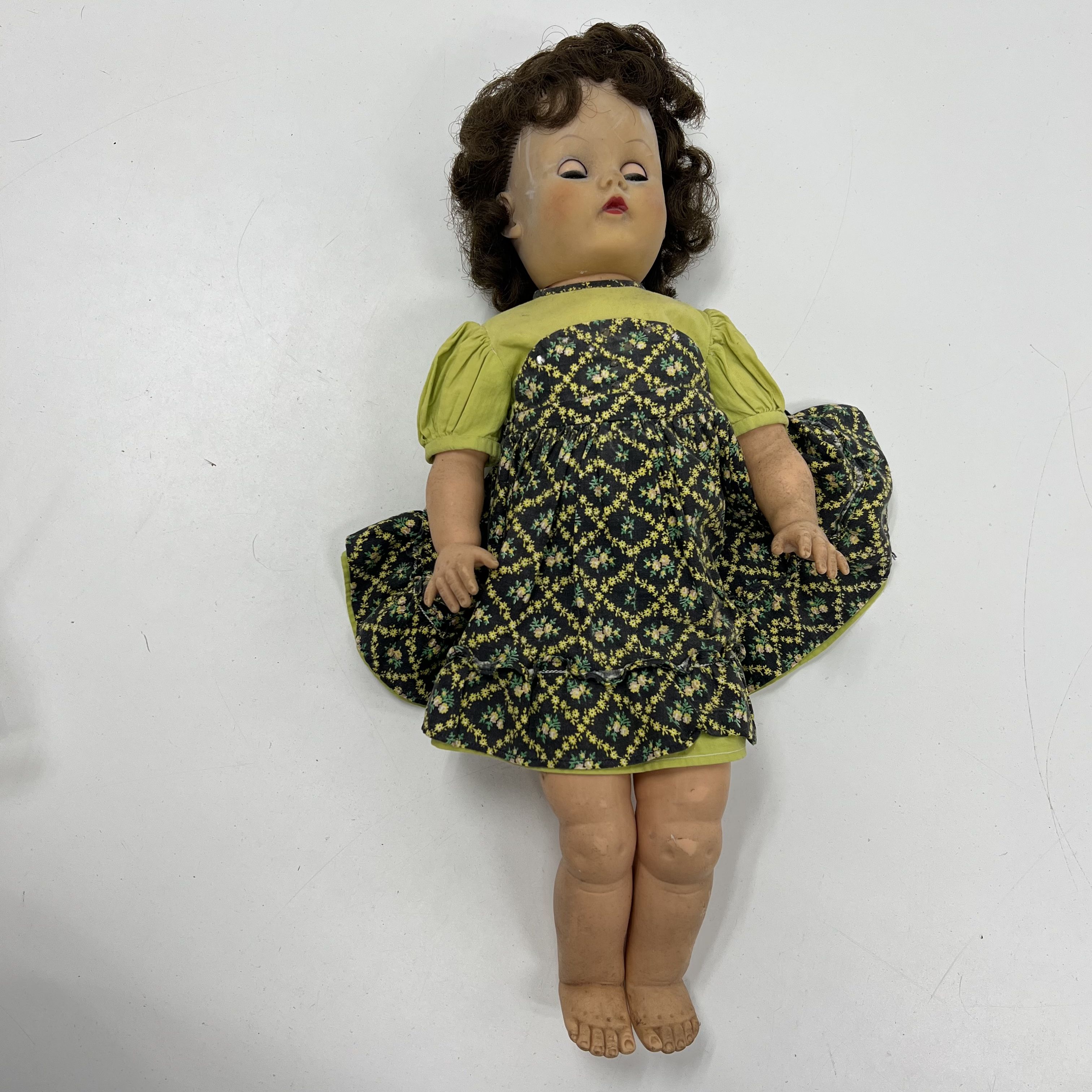 Vintage Composition Baby Doll 18" Green Floral Dress Brown Hair Sleep Eyes