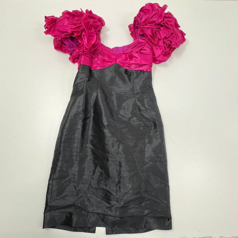 Vintage 80s Cattiva Ruffle Poof Sleeve Prom Party Dress Taffeta Pink Black Sz 10