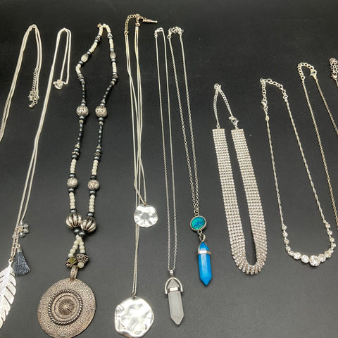 Silver Tone Fashion Jewelry Lot of 11 Necklaces Rhinestone Crystal Boho