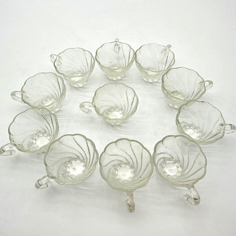 Pressed Glass Clear 11 Piece Lot Punch Bowl Cups Swirl Pattern Vintage