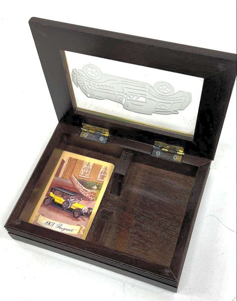 Vintage 80s Peugeot 1907 Car Playing Cards Wooden Display Box Automobilia