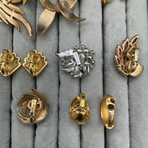 Vintage Crown Trifari Costume Jewelry Lot of 11 Brooches Clip-On Earrings Signed