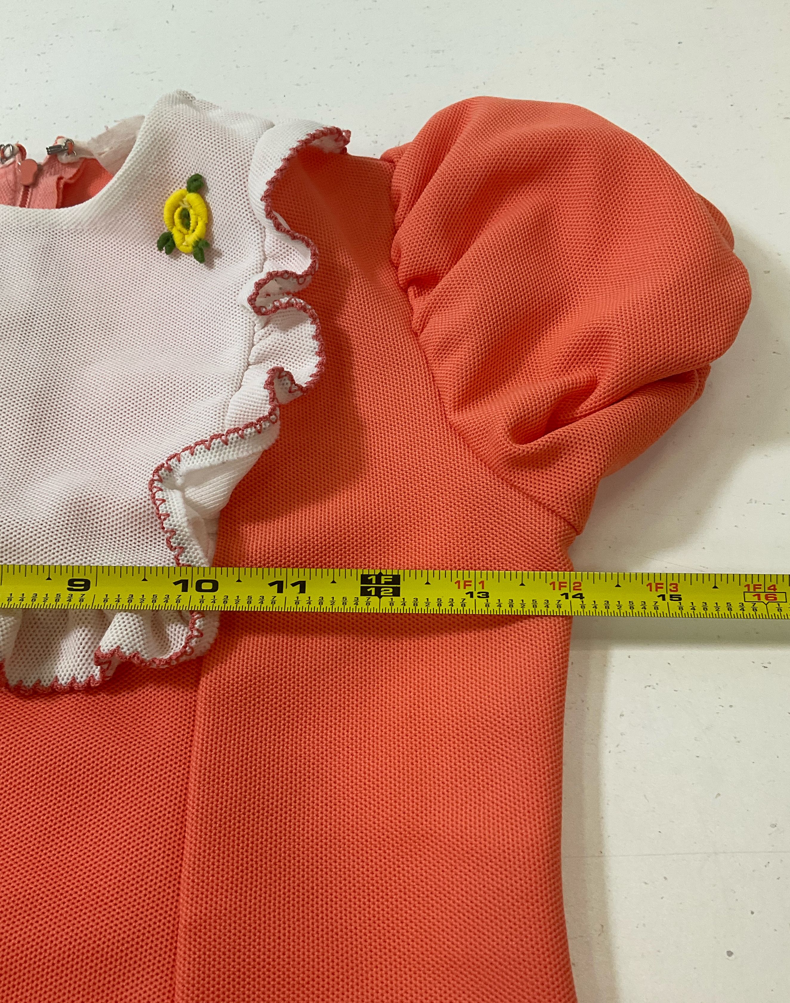 Vintage Girl's Orange Puff Sleeve Polyester Dress White Ruffle Trim Sz 28 Chest