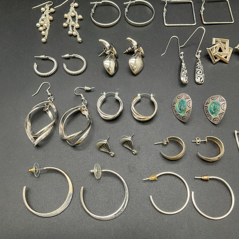 Silver Tone Fashion Earrings Jewelry Lot 32 Pairs Mixed Hoops Dangles Studs