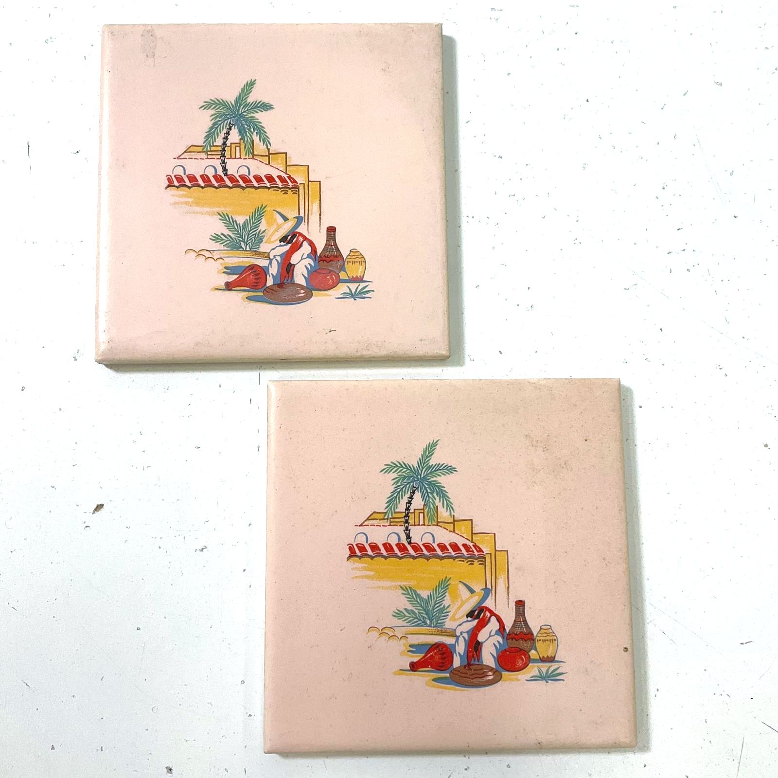 Vintage PT&P Co Ramona Tiles Lot Of 2 Peach Southwestern Motif Made In USA 4x4