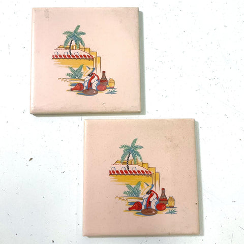 Vintage PT&P Co Ramona Tiles Lot Of 2 Peach Southwestern Motif Made In USA 4x4