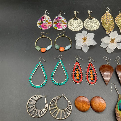 Boho Ethnic Fashion Earrings Jewelry Lot 18 Pairs Peacock Wood Floral Beaded