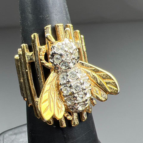 Vintage Jonette FG Gold Plate Rhinestone Bee Statement Ring Cage Band Sz 6.5