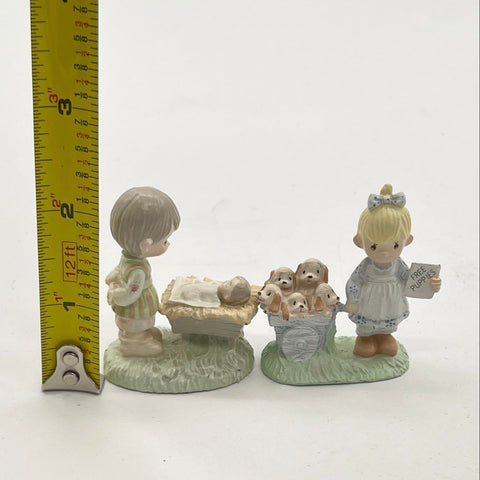 Precious Moments Enesco Figurine Lot 2 Pieces Boy Manger Girl Puppies Vintage