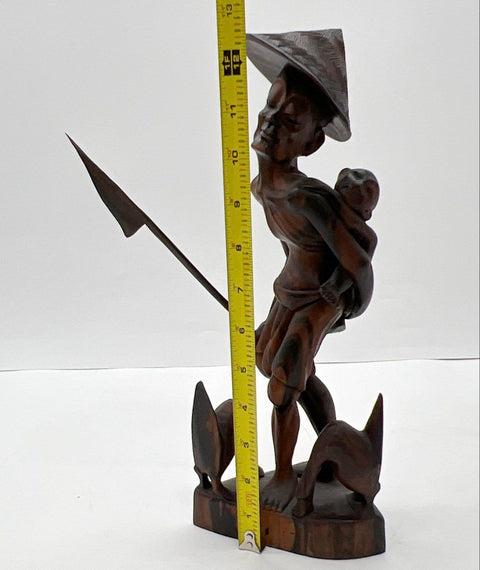 Hand Carved Wood Figure Man with Baby and Dogs Sculpture 13" Folk Art Vintage