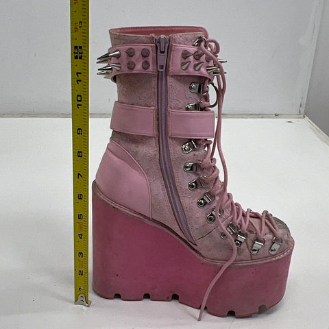 Sugar Thrillz Pink Lace Platform Wedge Combat Boots Spiked Chain Size 7