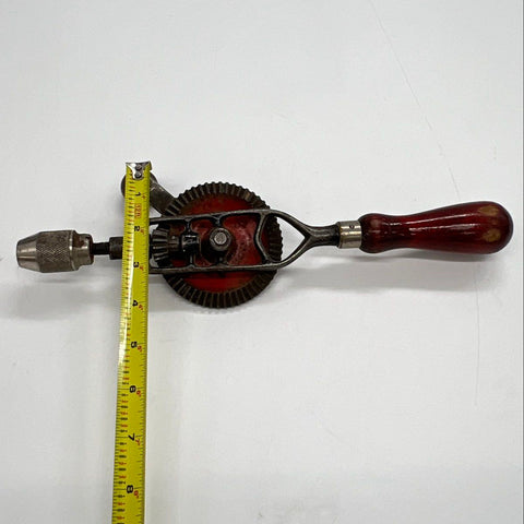 Vintage Eggbeater Hand Drill 12" Wood Handle Manual Red Gear Tested Works